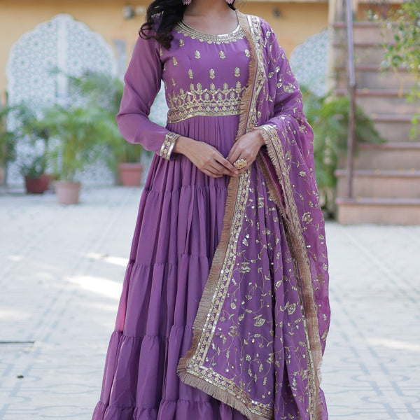 Vedant Vastram Heavy Embroidery & Sequins Work Pure Georgette Gown With Dupatta - Light Violet - Distacart