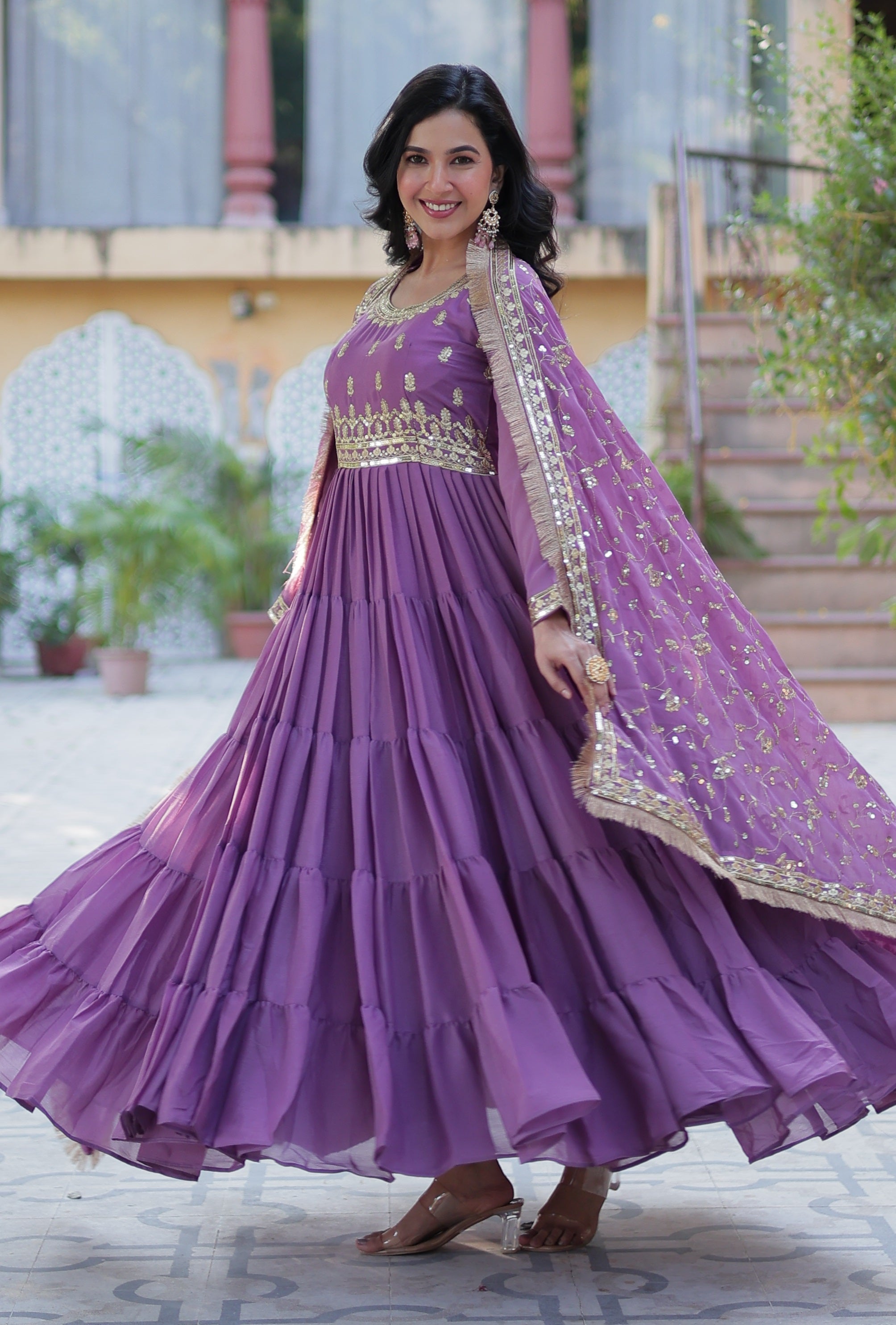Vedant Vastram Heavy Embroidery & Sequins Work Pure Georgette Gown With Dupatta - Light Violet - Distacart