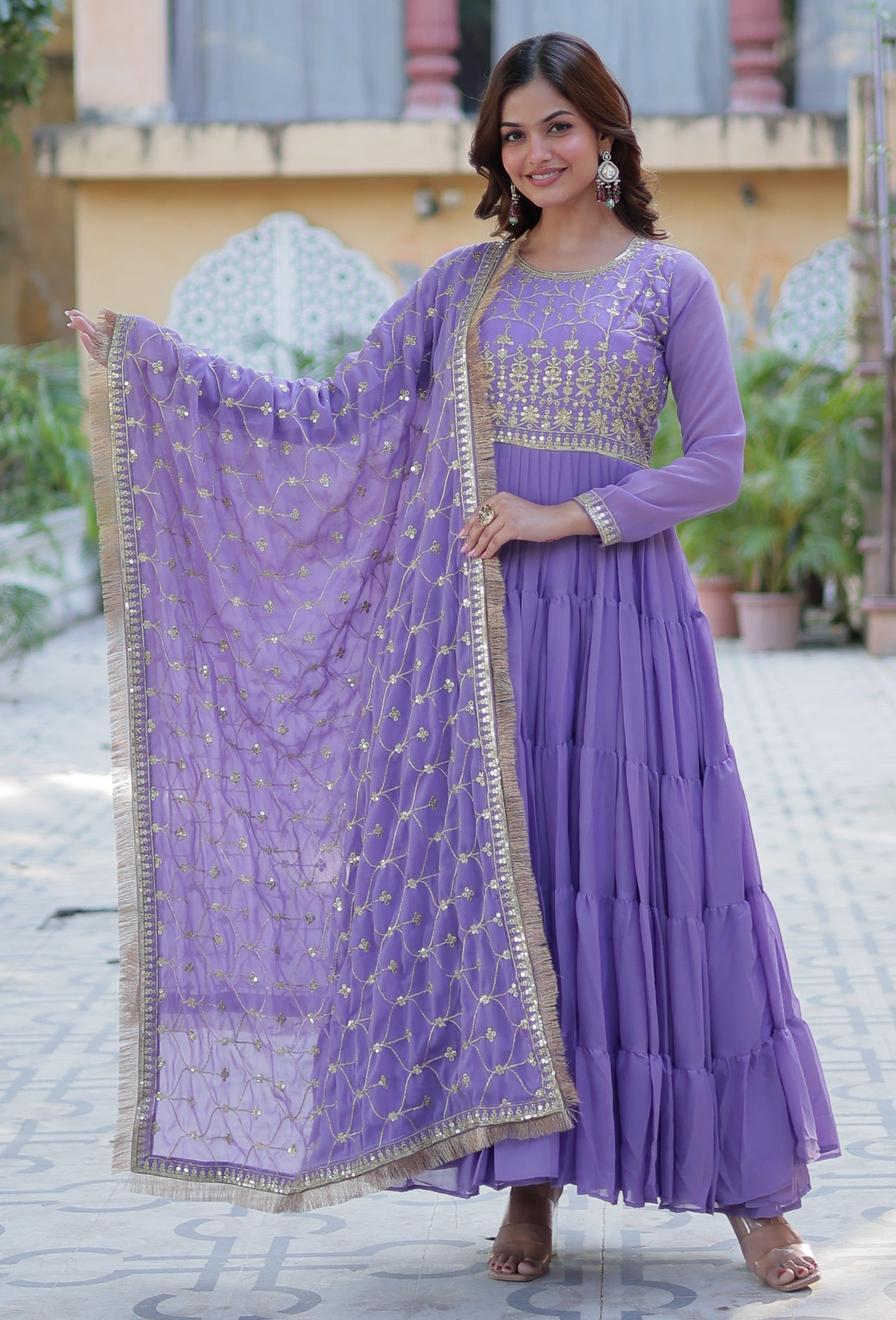 Vedant Vastram Heavy Embroidery & Sequins Work Pure Georgette Gown With Dupatta - Lavender - Distacart
