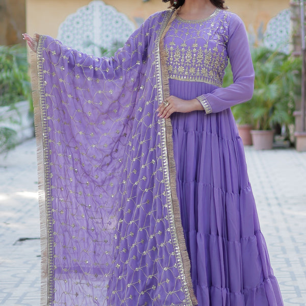 Vedant Vastram Heavy Embroidery & Sequins Work Pure Georgette Gown With Dupatta - Lavender - Distacart