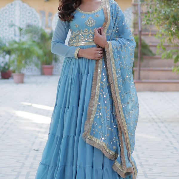 Vedant Vastram Heavy Embroidery & Sequins Work Pure Georgette Gown With Dupatta - Sky Blue - Distacart