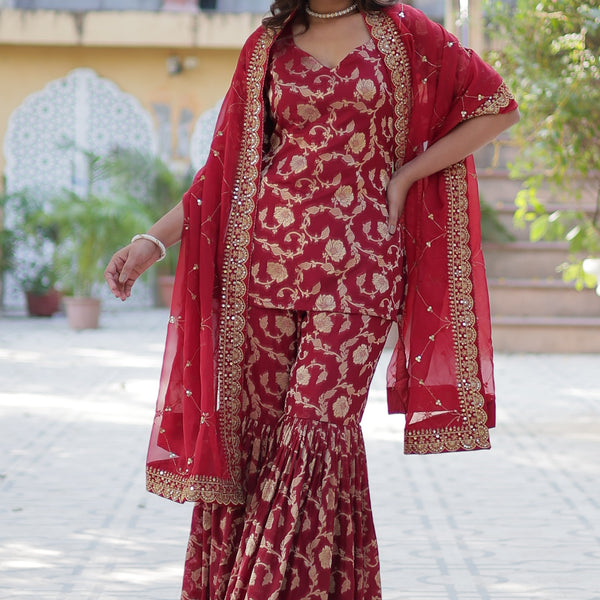 Vedant Vastram Heavy Embroidery & Sequins Work Pure Georgette Top Sharara Set With Dupatta - Maroon - Distacart