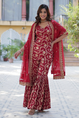 Vedant Vastram Heavy Embroidery & Sequins Work Pure Georgette Top Sharara Set With Dupatta - Maroon - Distacart