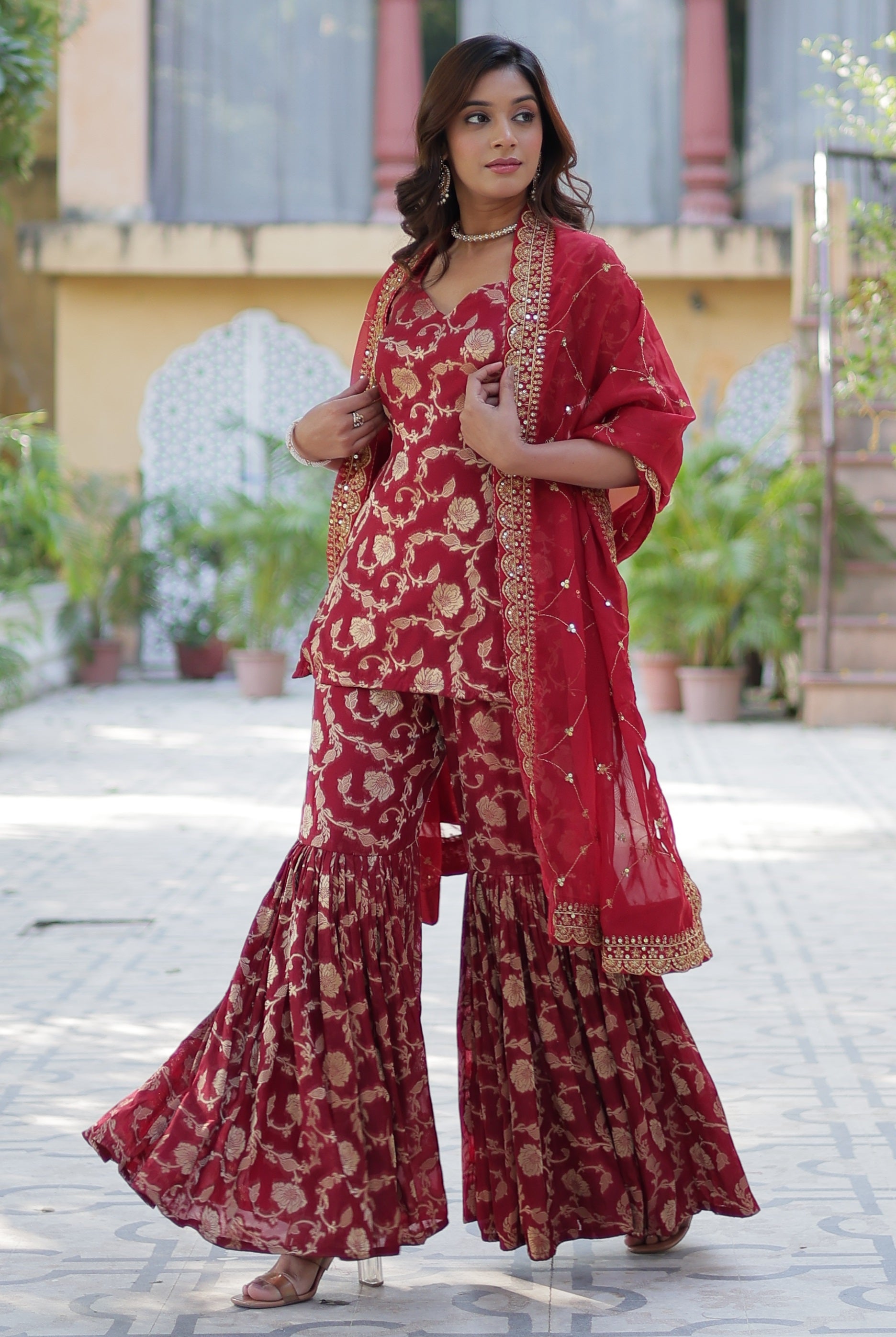 Vedant Vastram Heavy Embroidery & Sequins Work Pure Georgette Top Sharara Set With Dupatta - Maroon - Distacart