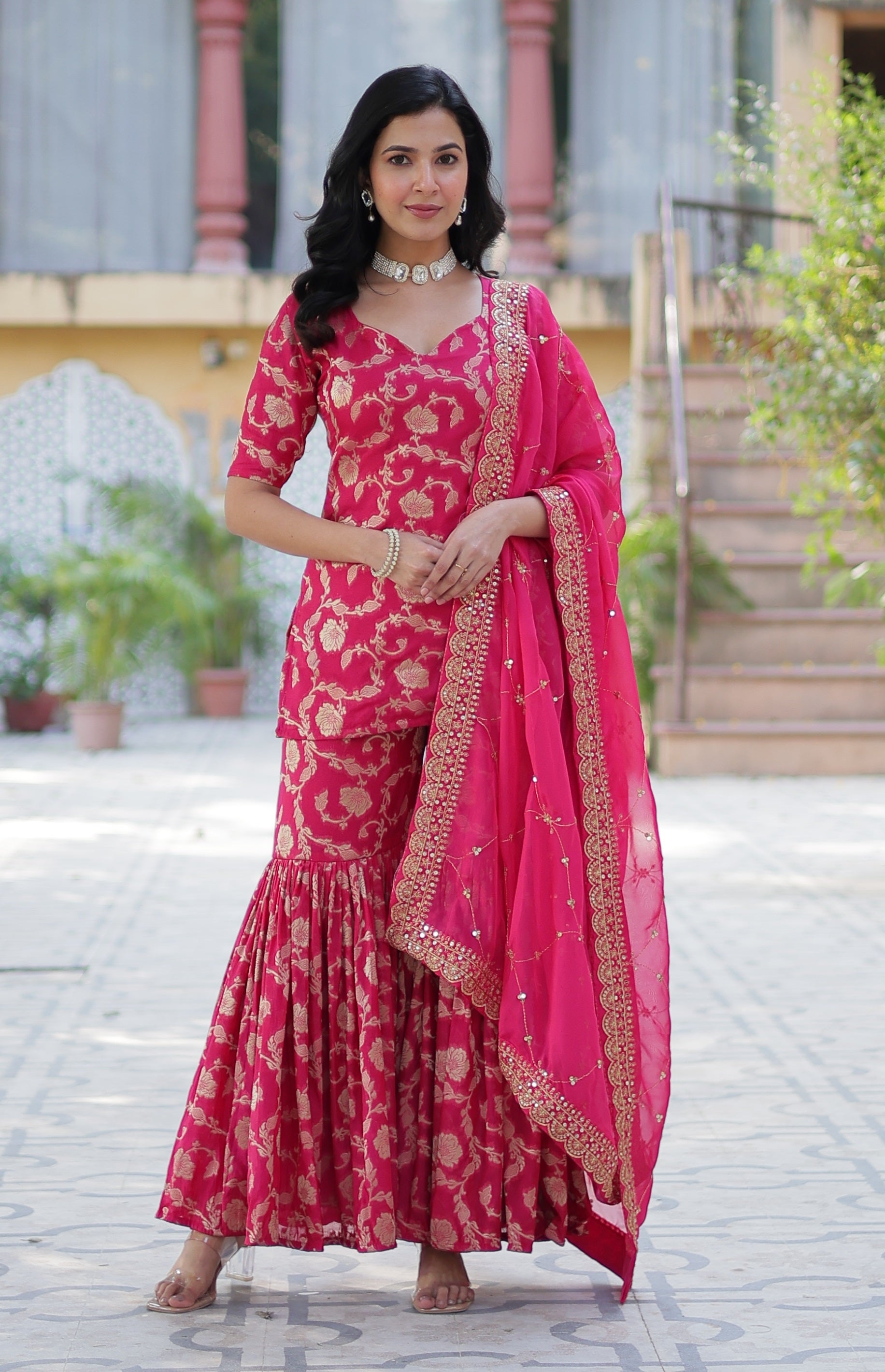 Vedant Vastram Heavy Embroidery & Sequins Work Pure Georgette Top Sharara Set With Dupatta - Pink - Distacart