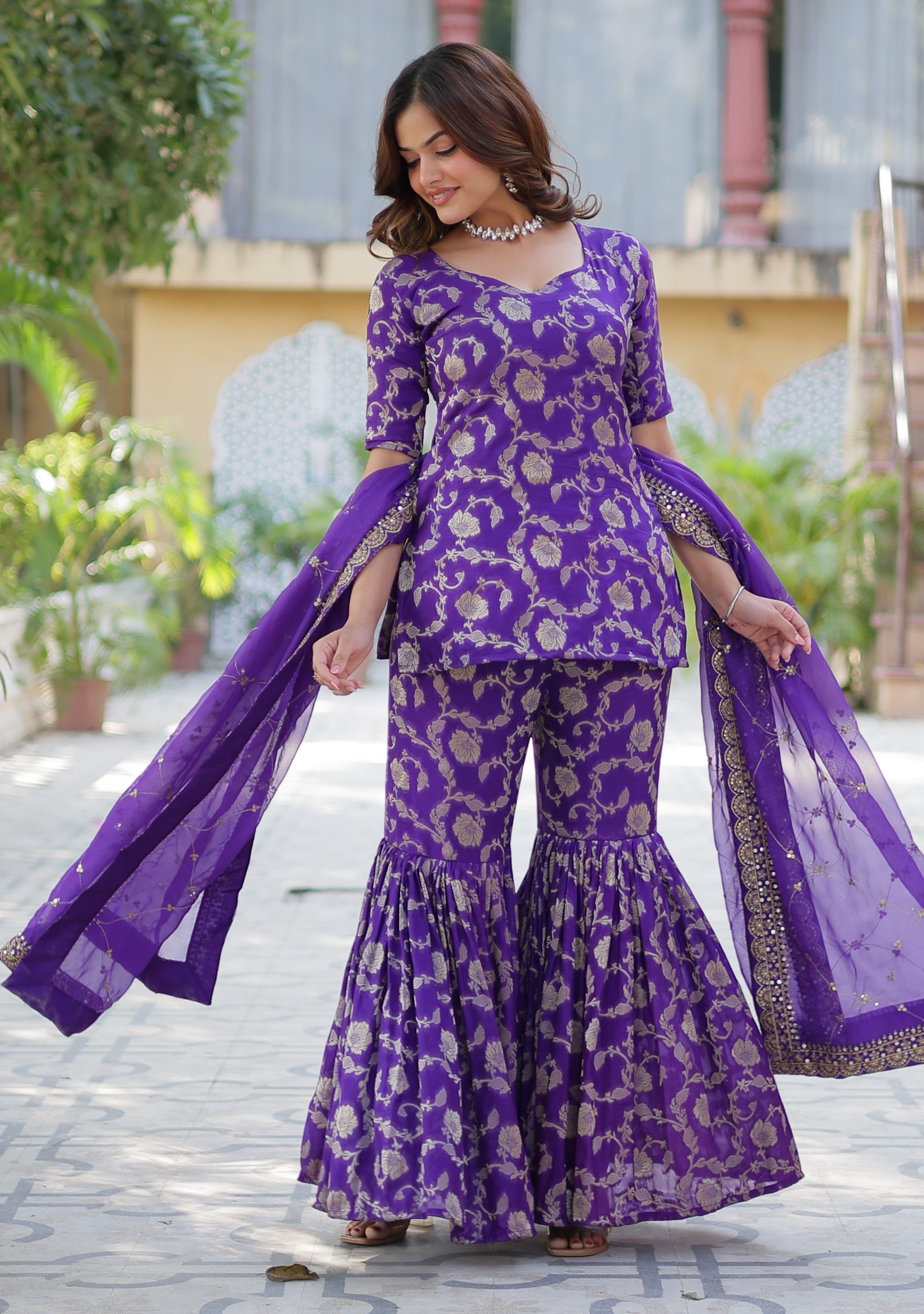 Vedant Vastram Heavy Embroidery & Sequins Work Pure Georgette Top Sharara Set With Dupatta - Violet - Distacart