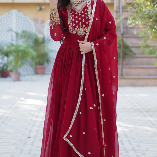Vedant Vastram Heavy Embroidery & Sequins Work Pure Georgette Gown With Dupatta - Maroon - Distacart