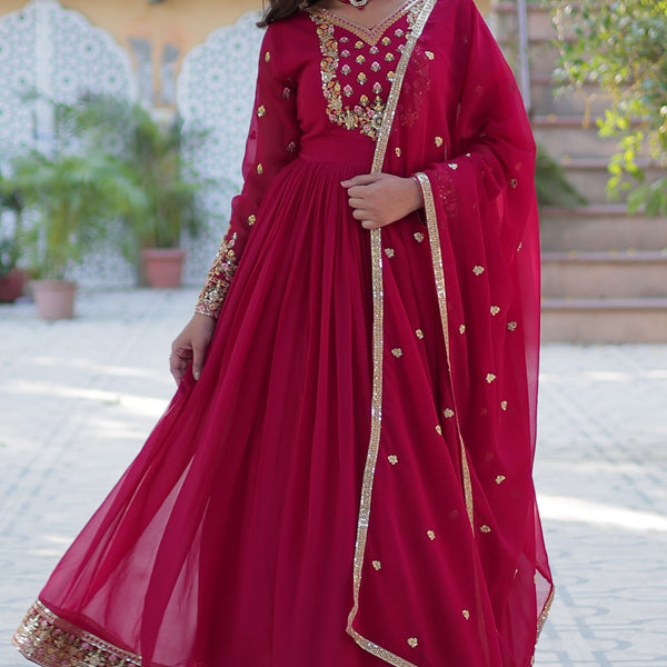 Vedant Vastram Heavy Embroidery & Sequins Work Pure Georgette Gown With Dupatta - Pink - Distacart