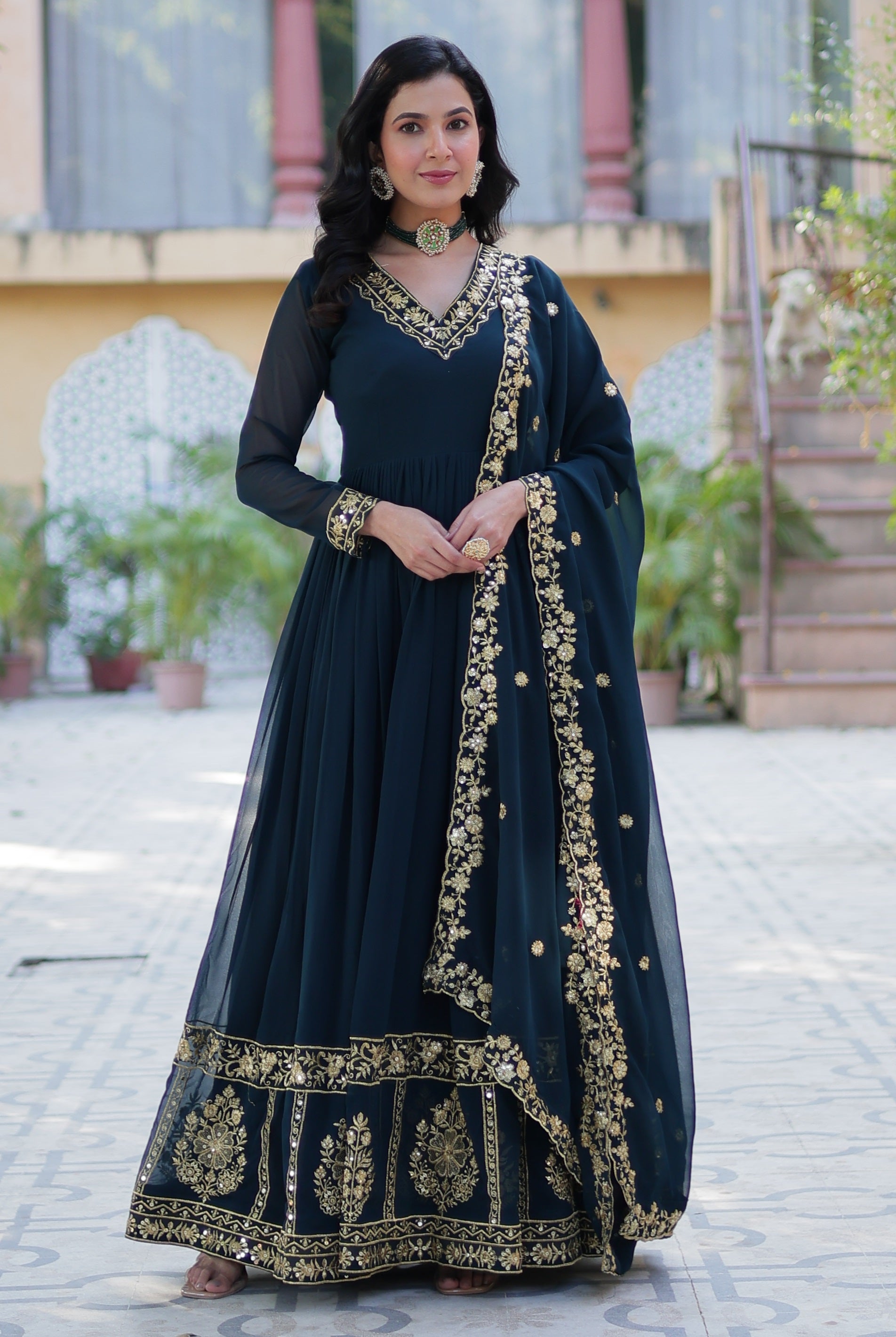 Vedant Vastram Heavy Embroidery & Sequins Work Pure Georgette Gown With Dupatta - Rama Blue - Distacart
