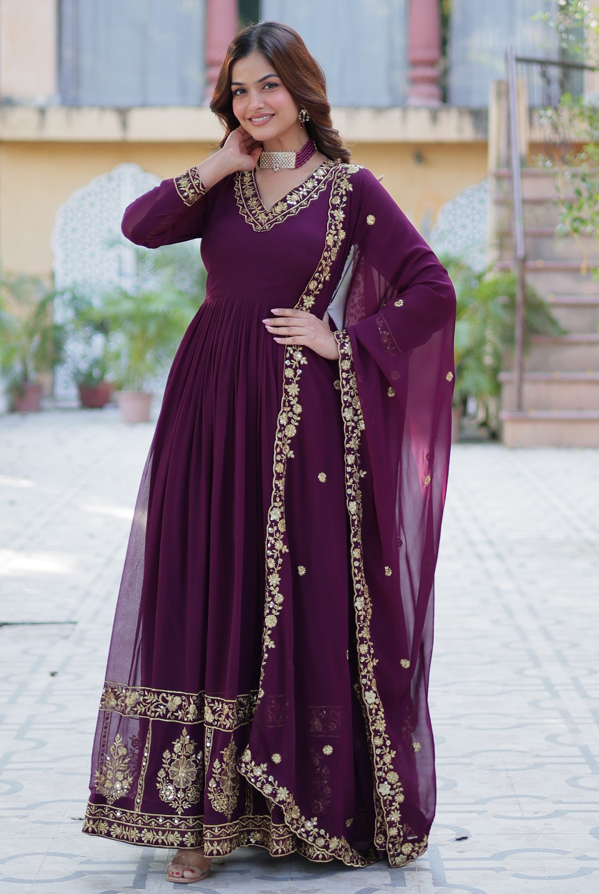 Vedant Vastram Heavy Embroidery & Sequins Work Pure Georgette Gown With Dupatta - Wine - Distacart