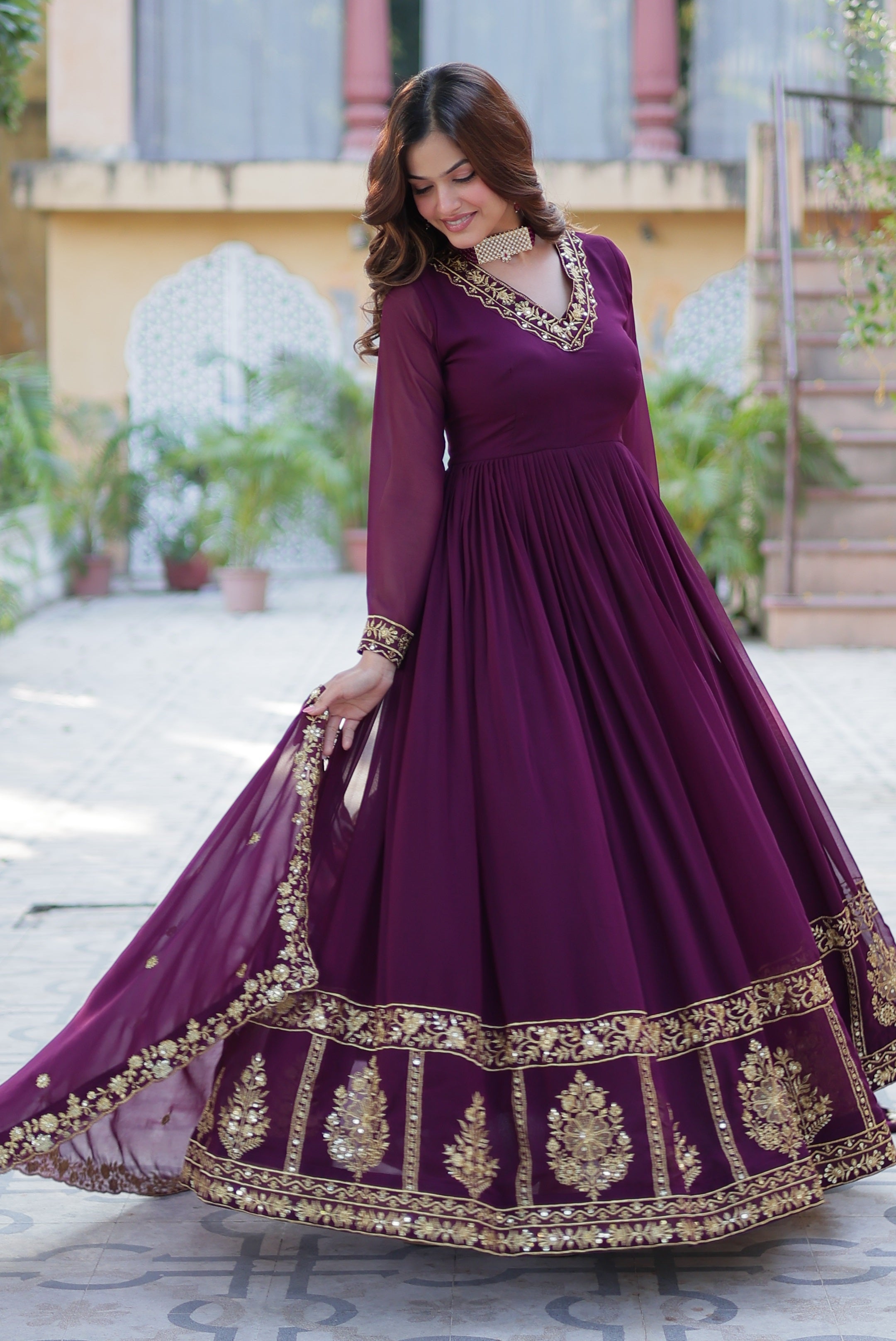 Vedant Vastram Heavy Embroidery & Sequins Work Pure Georgette Gown With Dupatta - Wine - Distacart