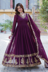 Thumbnail for Vedant Vastram Heavy Embroidery & Sequins Work Pure Georgette Gown With Dupatta - Wine