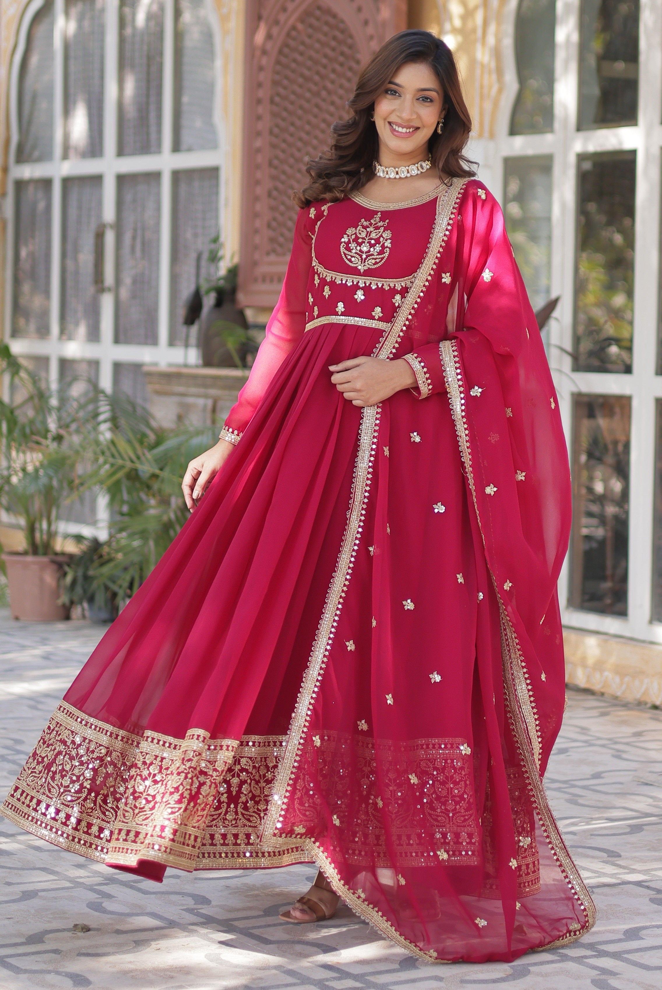 Vedant Vastram Heavy Embroidery & Sequins Work Pure Georgette Gown With Dupatta - Pink - Distacart