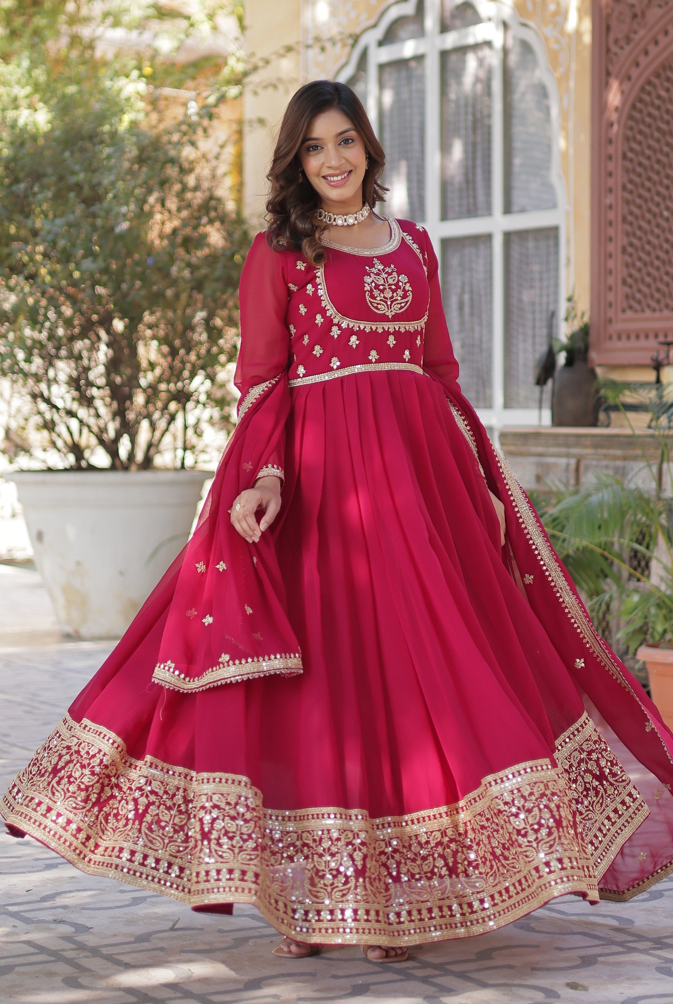 Vedant Vastram Heavy Embroidery & Sequins Work Pure Georgette Gown With Dupatta - Pink - Distacart