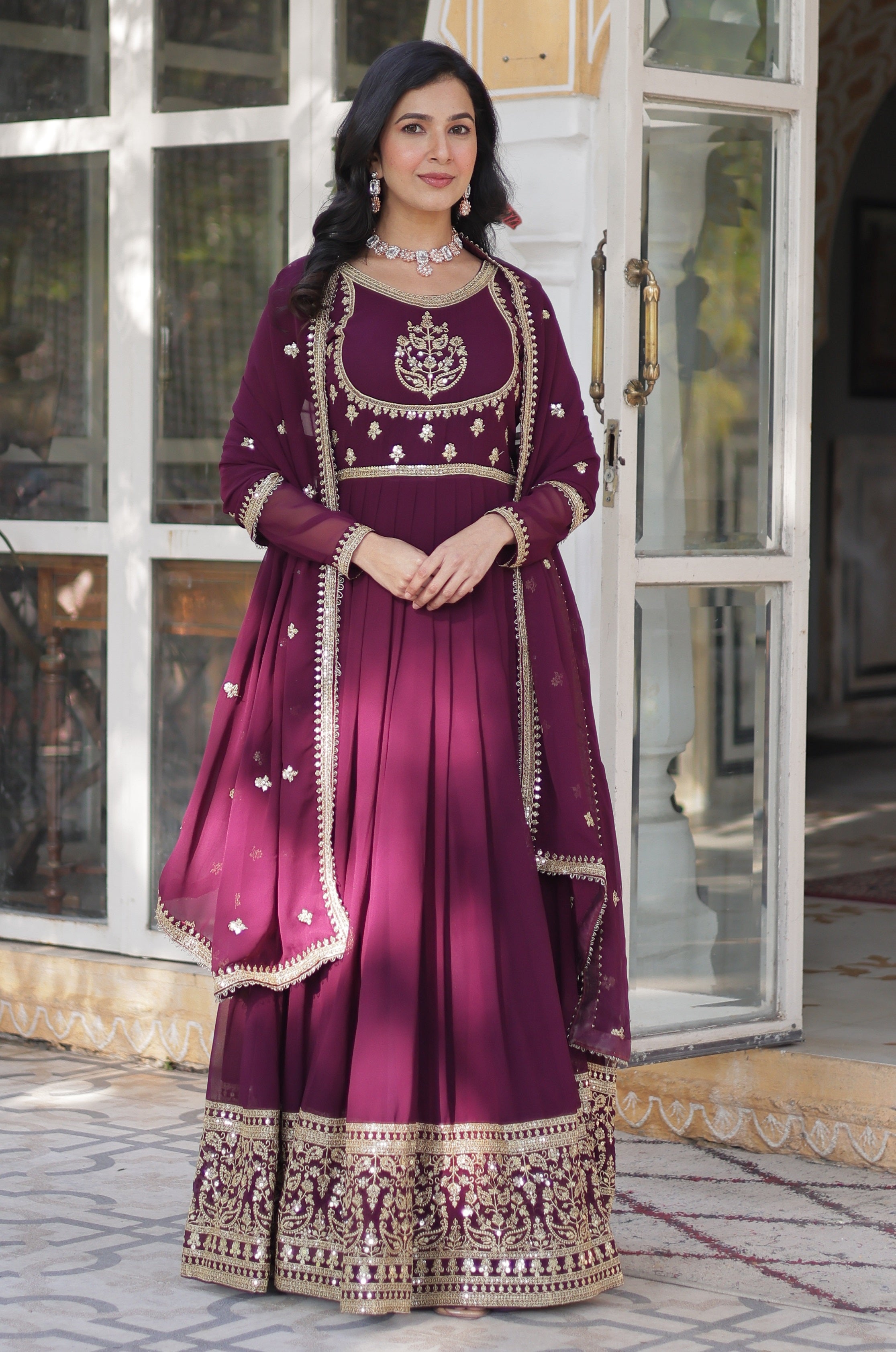 Vedant Vastram Heavy Embroidery & Sequins Work Pure Georgette Gown With Dupatta - Wine - Distacart