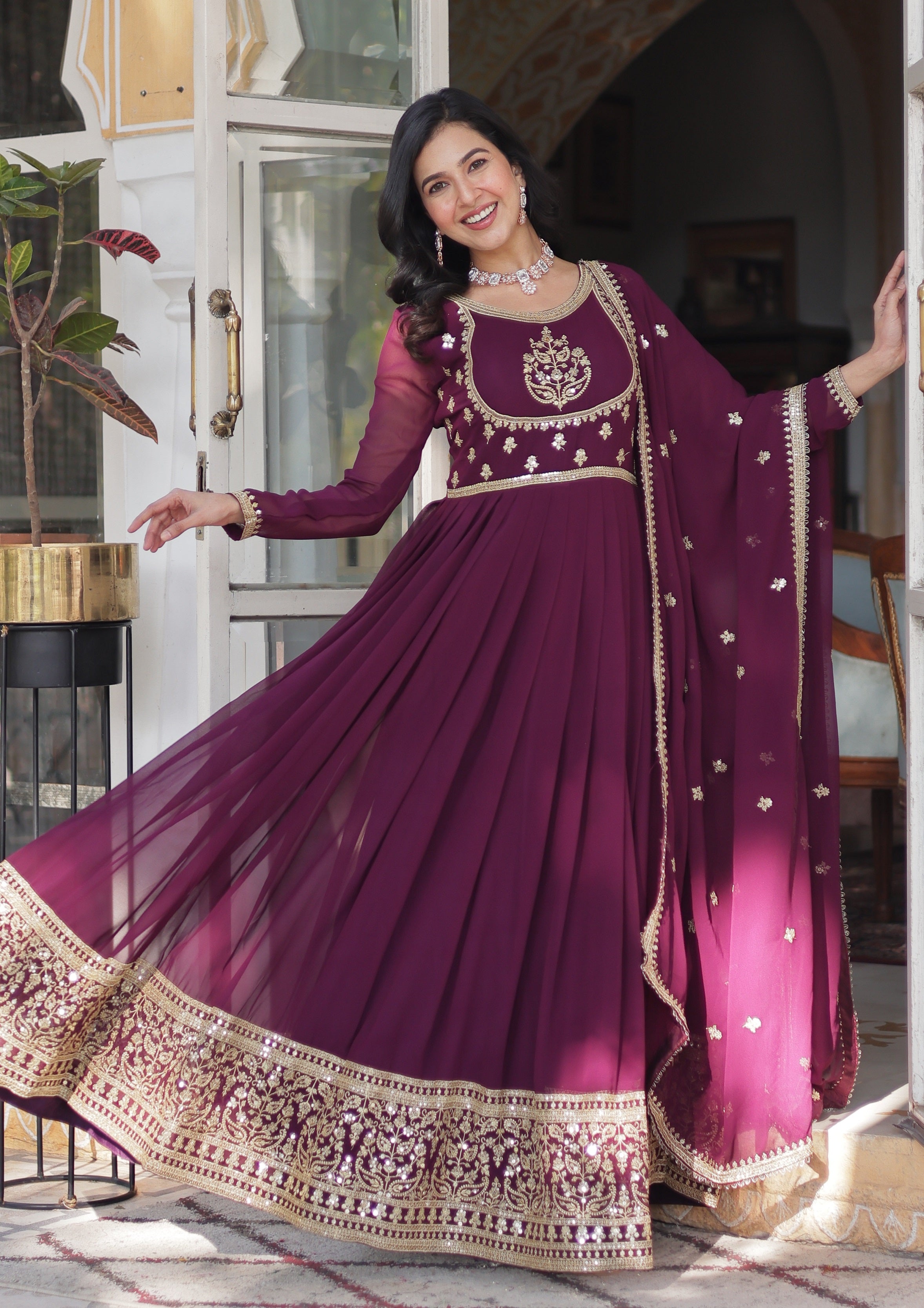 Vedant Vastram Heavy Embroidery & Sequins Work Pure Georgette Gown With Dupatta - Wine - Distacart