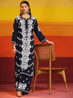 Thumbnail for HOUSE OF KARI Ethnic Motifs Embroidered Chikankari Cotton Kurta & Palazzos - Distacart