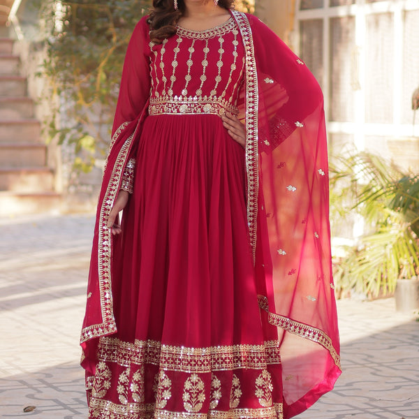 Vedant Vastram Heavy Embroidery & Sequins Work Pure Georgette Gown With Dupatta - Pink - Distacart