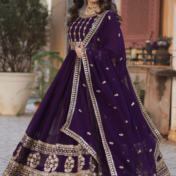 Vedant Vastram Heavy Embroidery & Sequins Work Pure Georgette Gown With Dupatta - Violet - Distacart