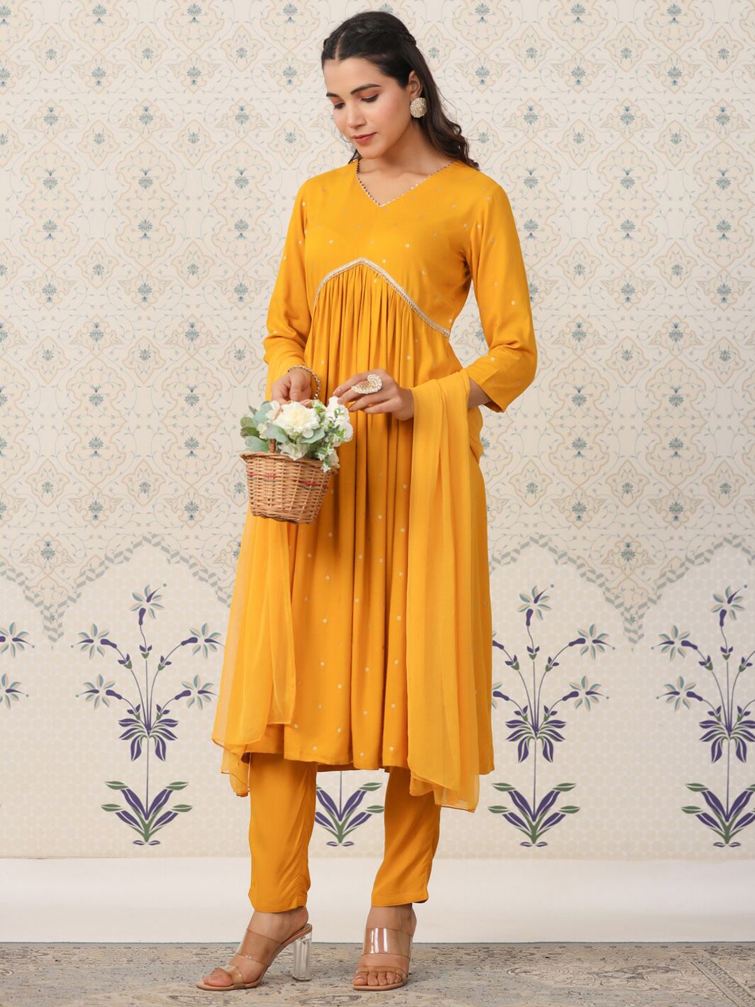 Ode by House of Pataudi Geometric Printed Pleated Kurta & Trousers With Dupatta - Distacart