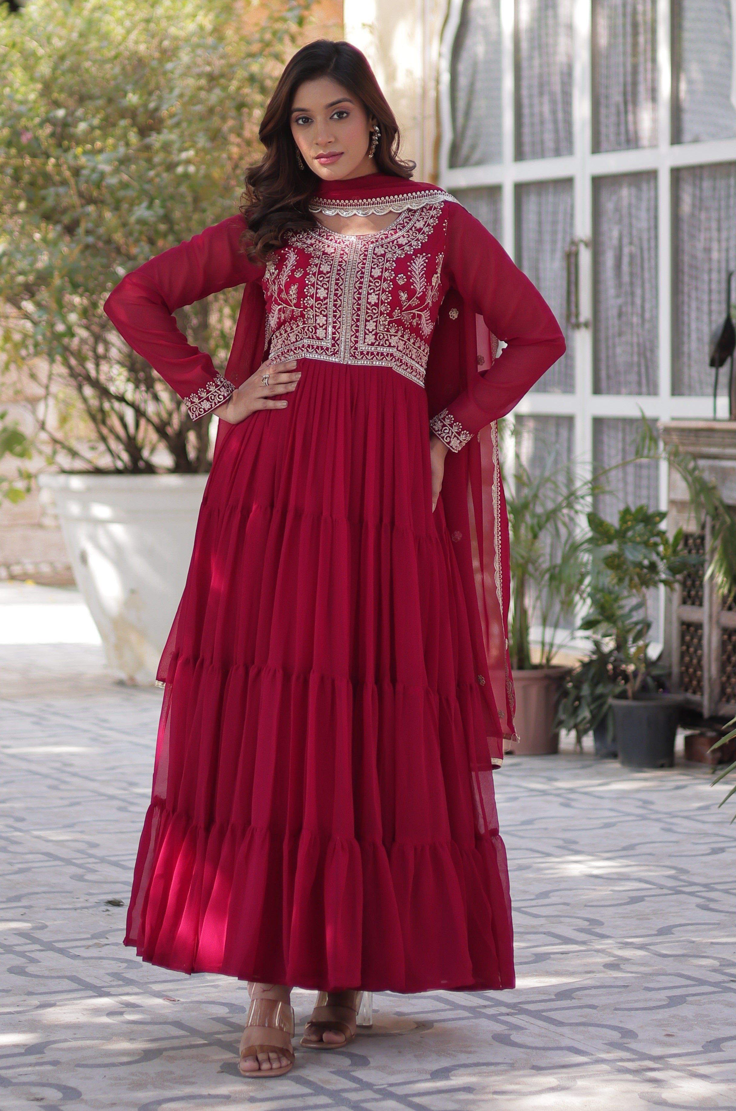 Vedant Vastram Heavy Embroidery & Sequins Work Pure Georgette Gown With Dupatta - Pink - Distacart