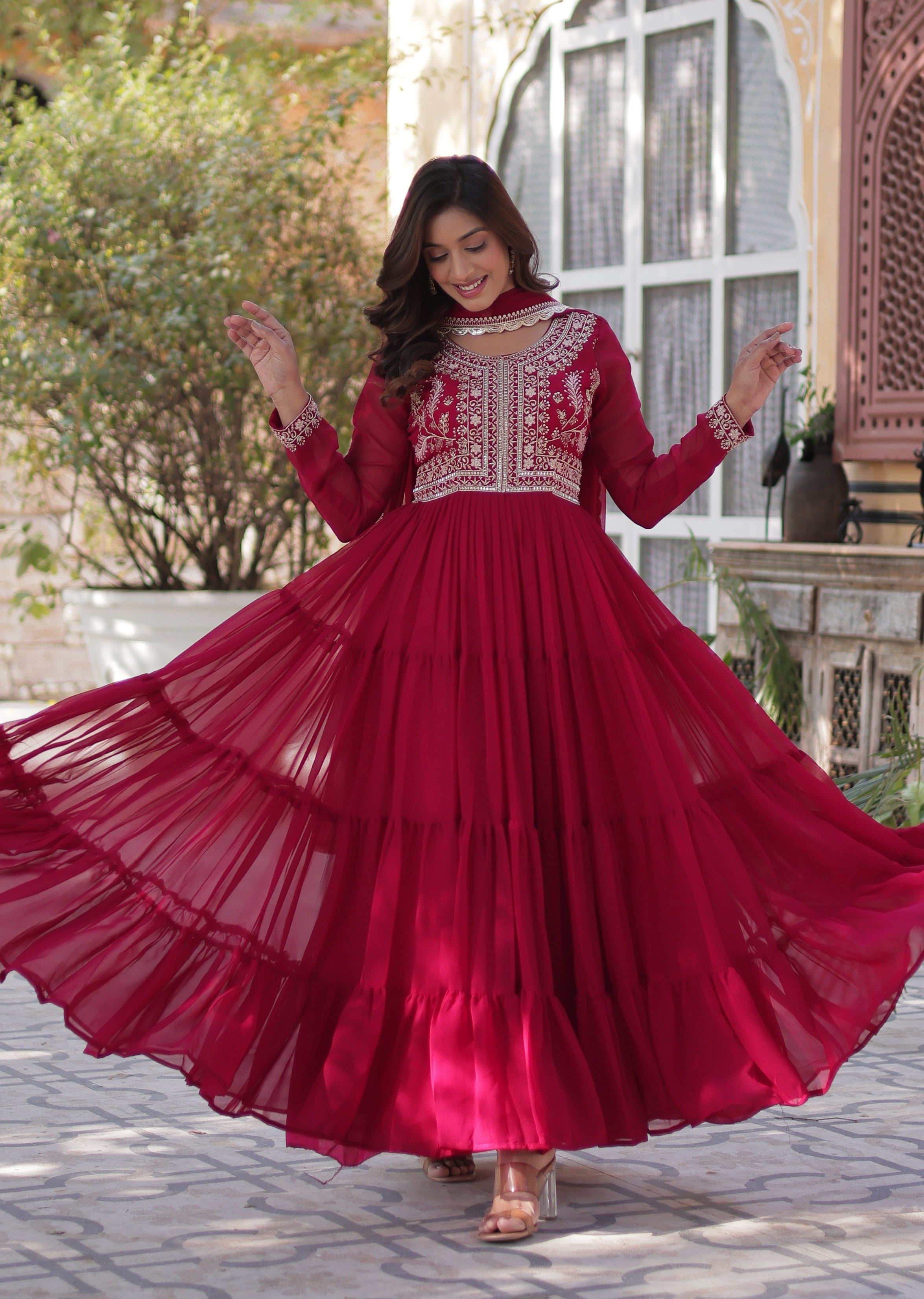 Vedant Vastram Heavy Embroidery & Sequins Work Pure Georgette Gown With Dupatta - Pink - Distacart