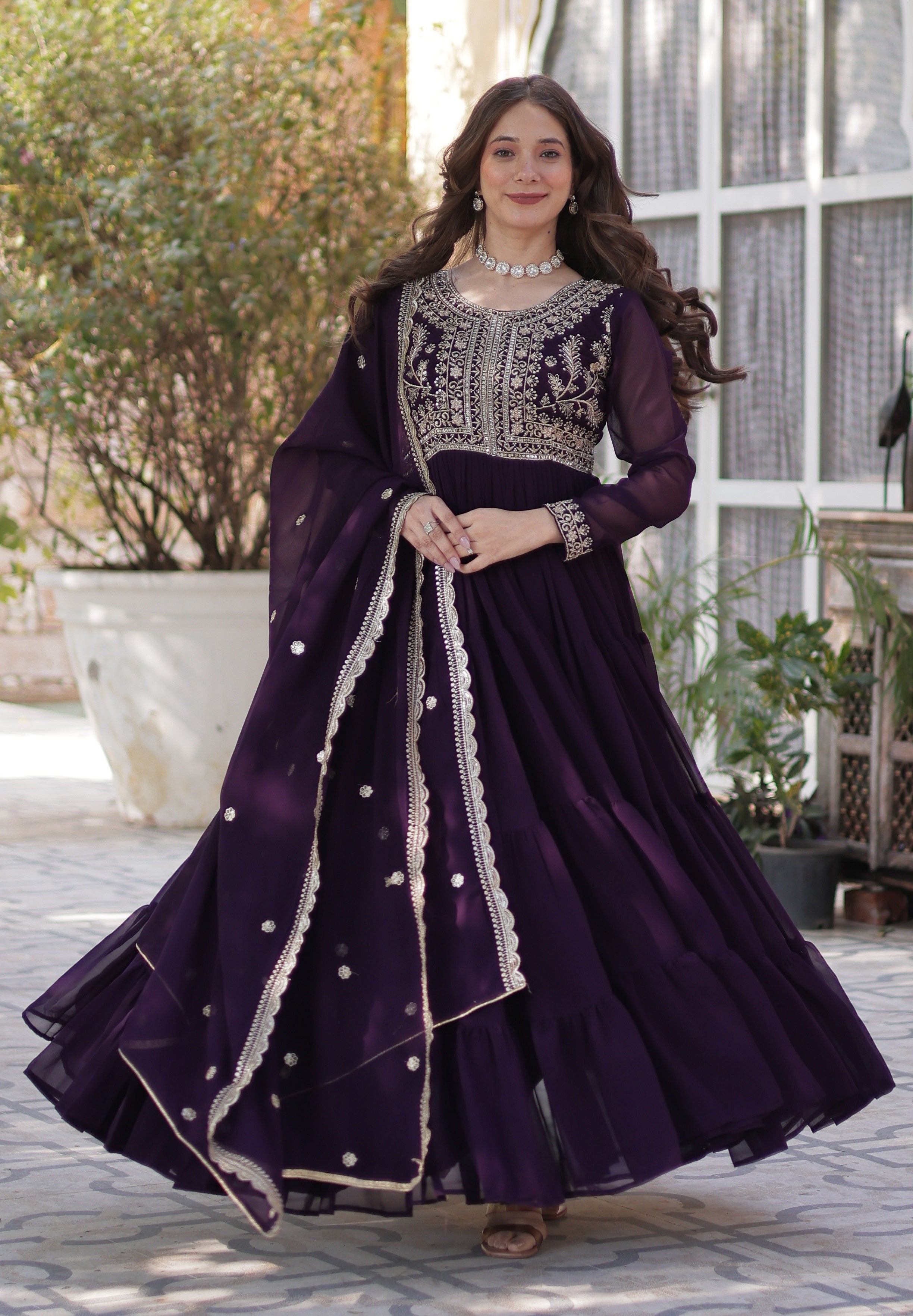 Vedant Vastram Heavy Embroidery & Sequins Work Pure Georgette Gown With Dupatta - Violet - Distacart