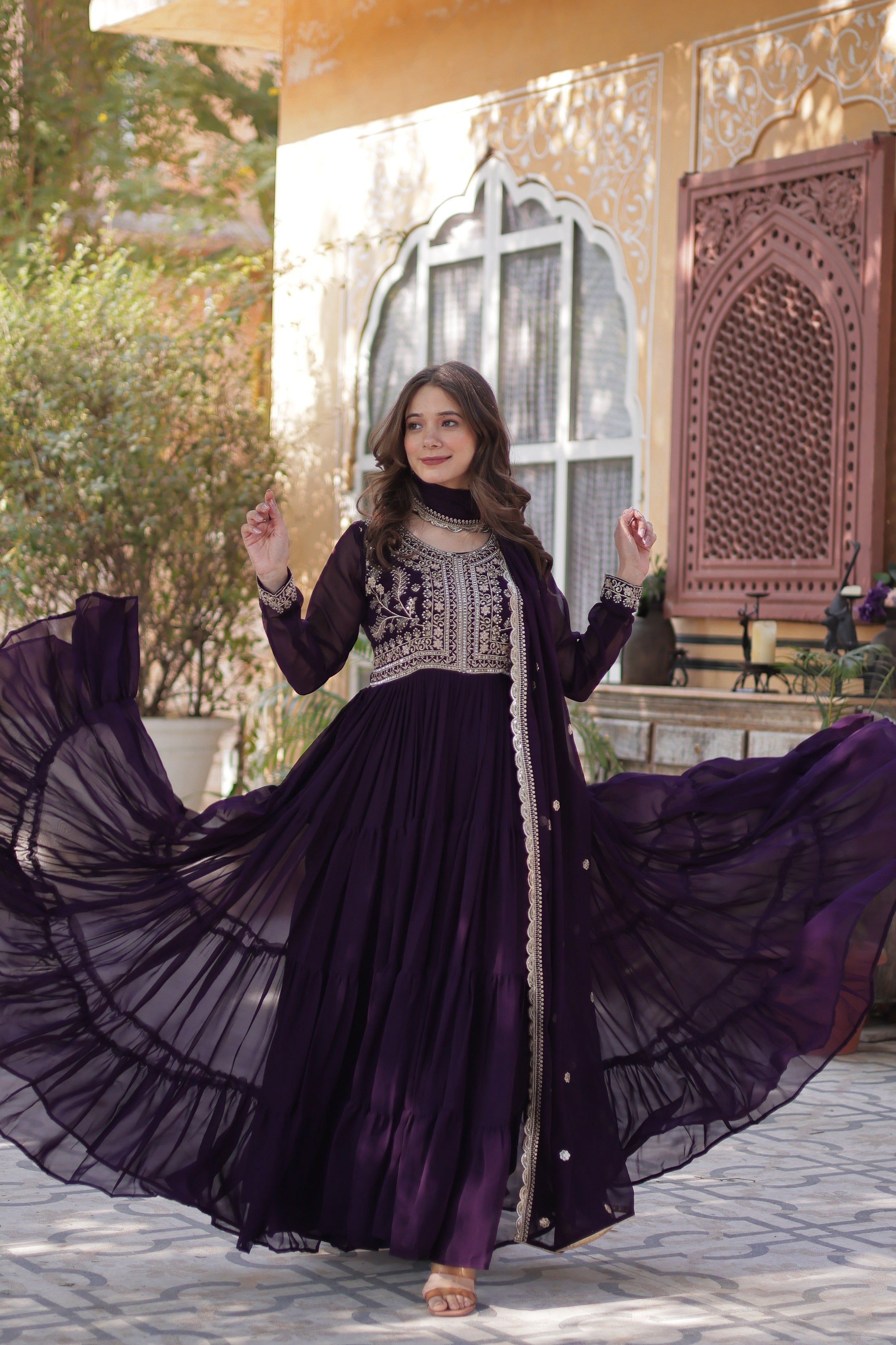 Vedant Vastram Heavy Embroidery & Sequins Work Pure Georgette Gown With Dupatta - Violet - Distacart