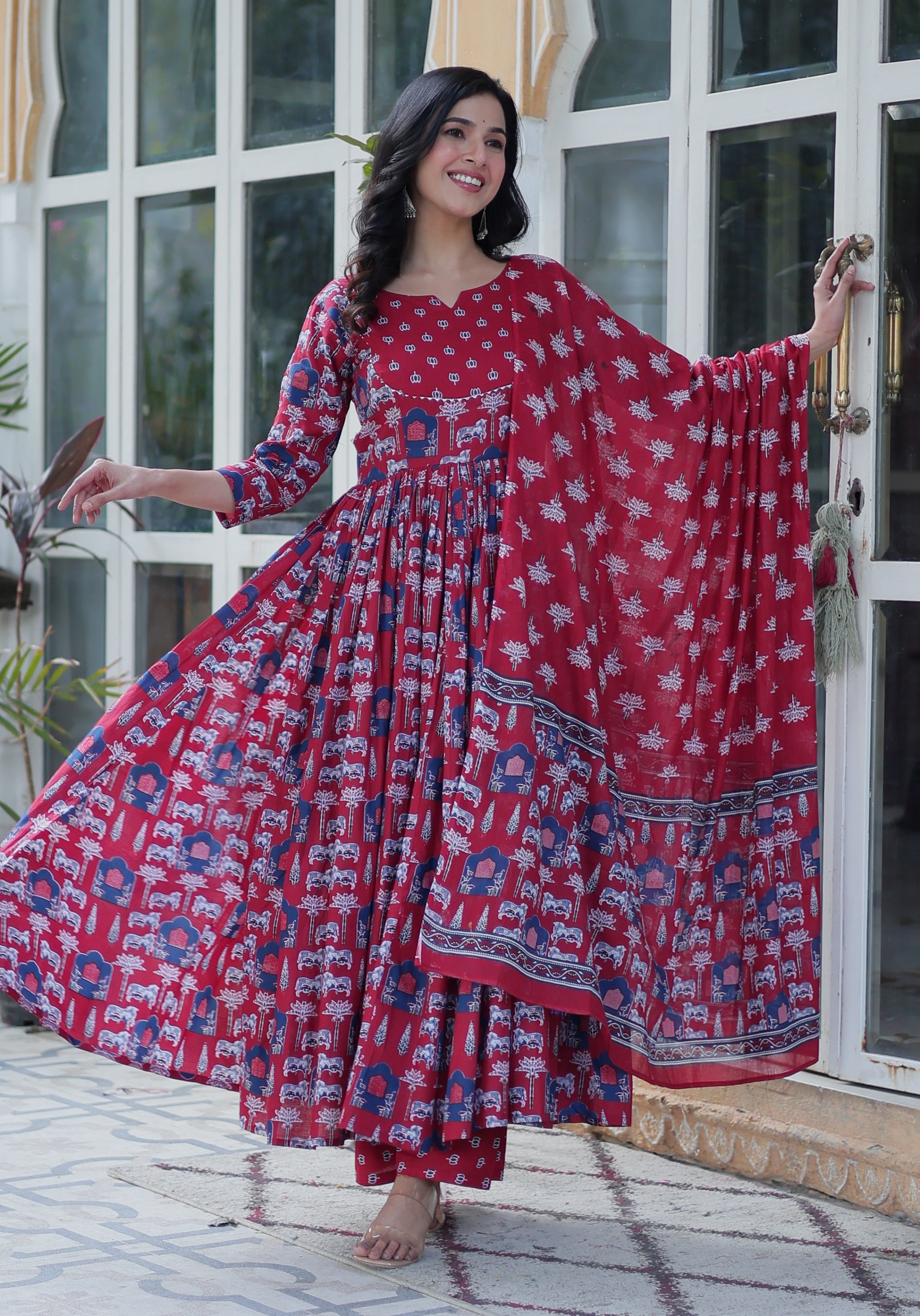 Vedant Vastram Printed Pure Cotton Kurti Pant Set With Dupatta - Maroon - Distacart