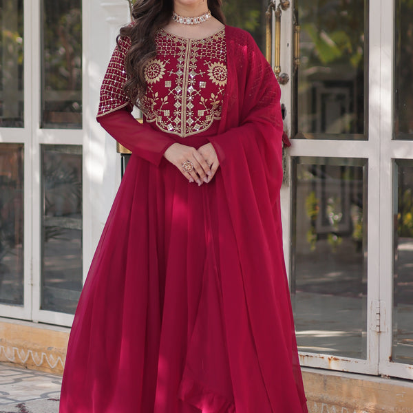 Vedant Vastram Heavy Embroidery & Sequins Work Pure Georgette Gown With Dupatta - Pink - Distacart