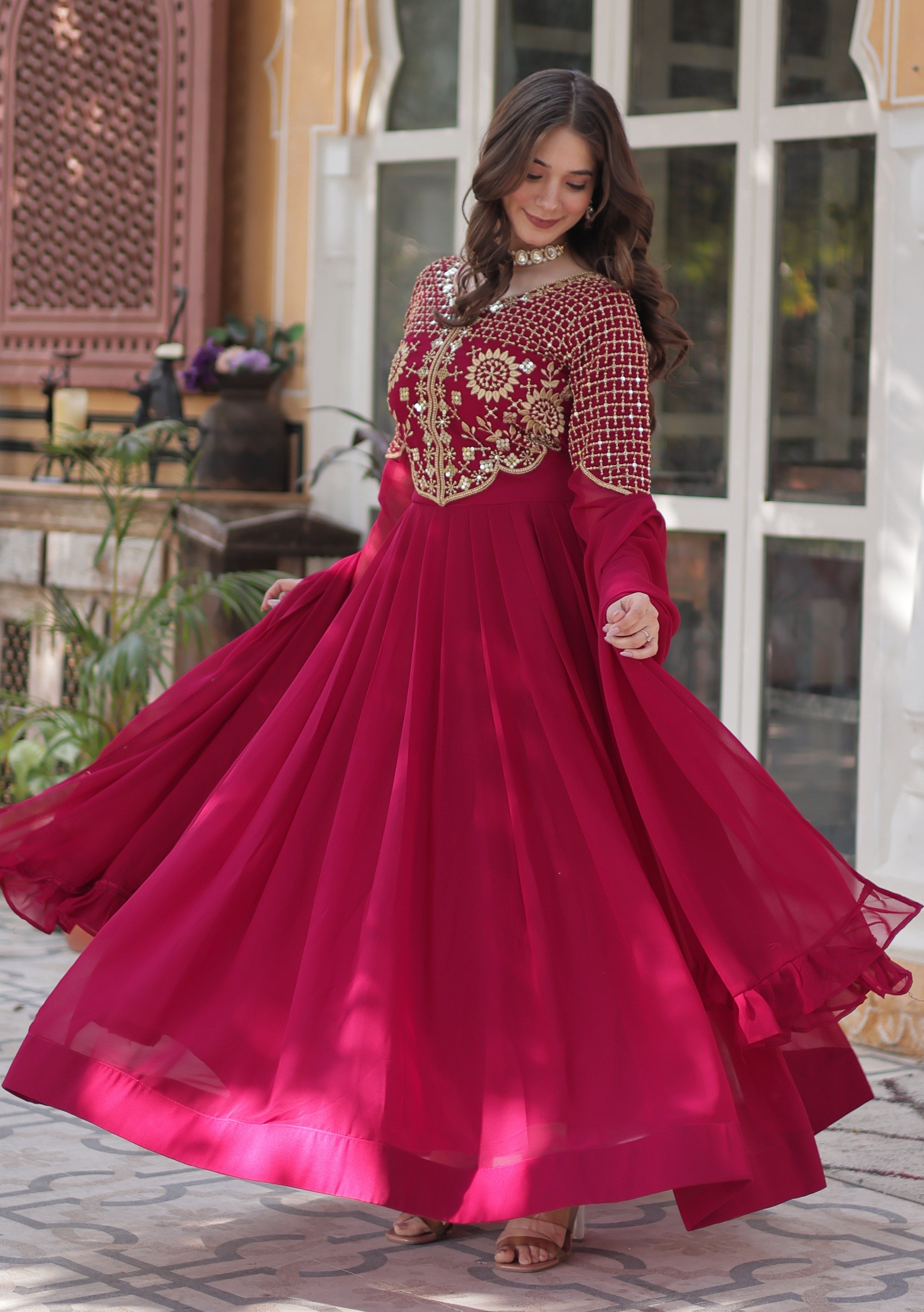 Vedant Vastram Heavy Embroidery & Sequins Work Pure Georgette Gown With Dupatta - Pink - Distacart