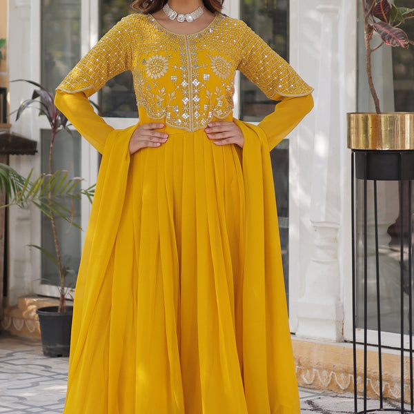 Vedant Vastram Heavy Embroidery & Sequins Work Pure Georgette Gown With Dupatta - Yellow - Distacart
