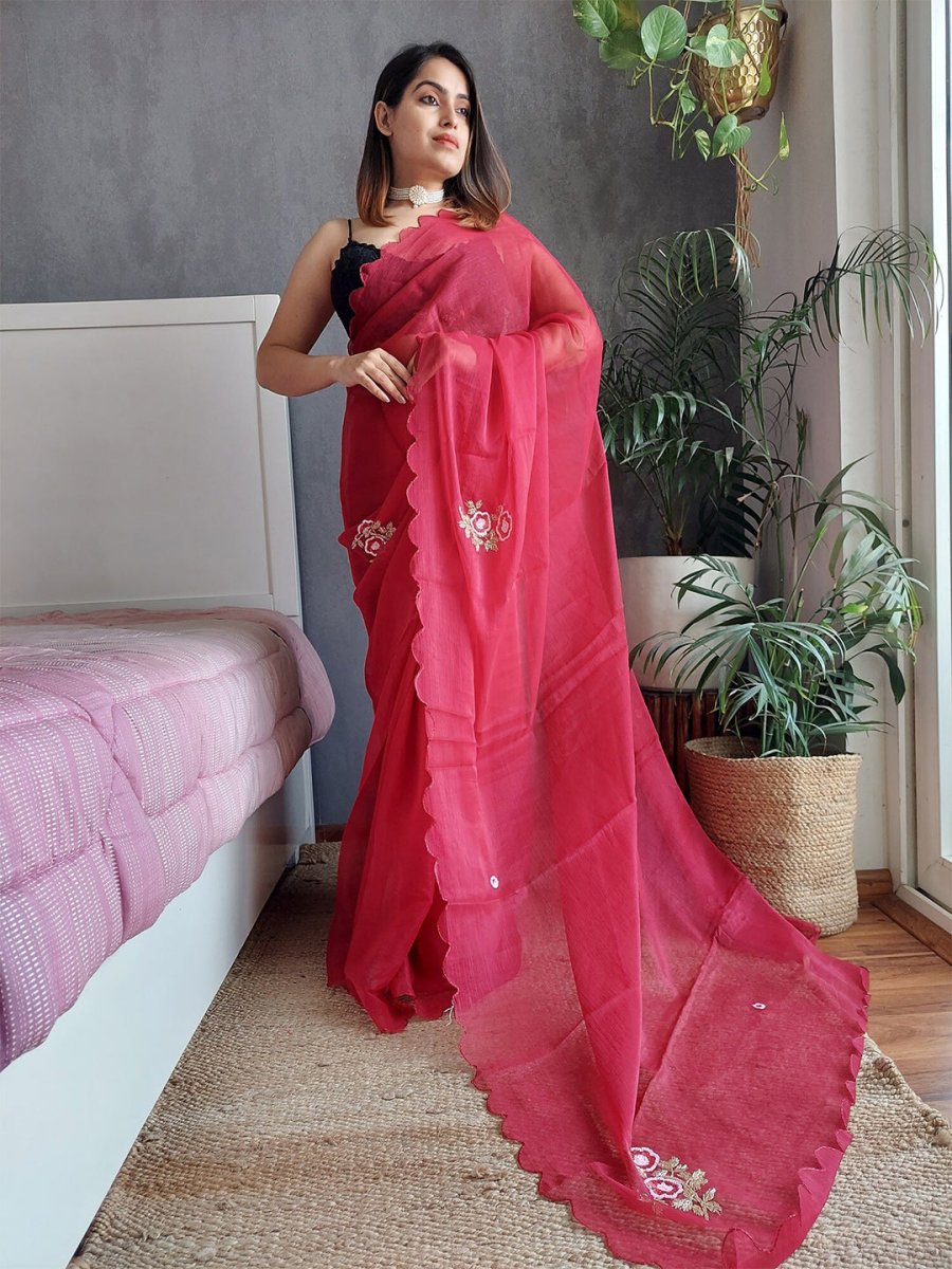 Anouk Red & Black Floral Embroidered Organza Saree - Distacart