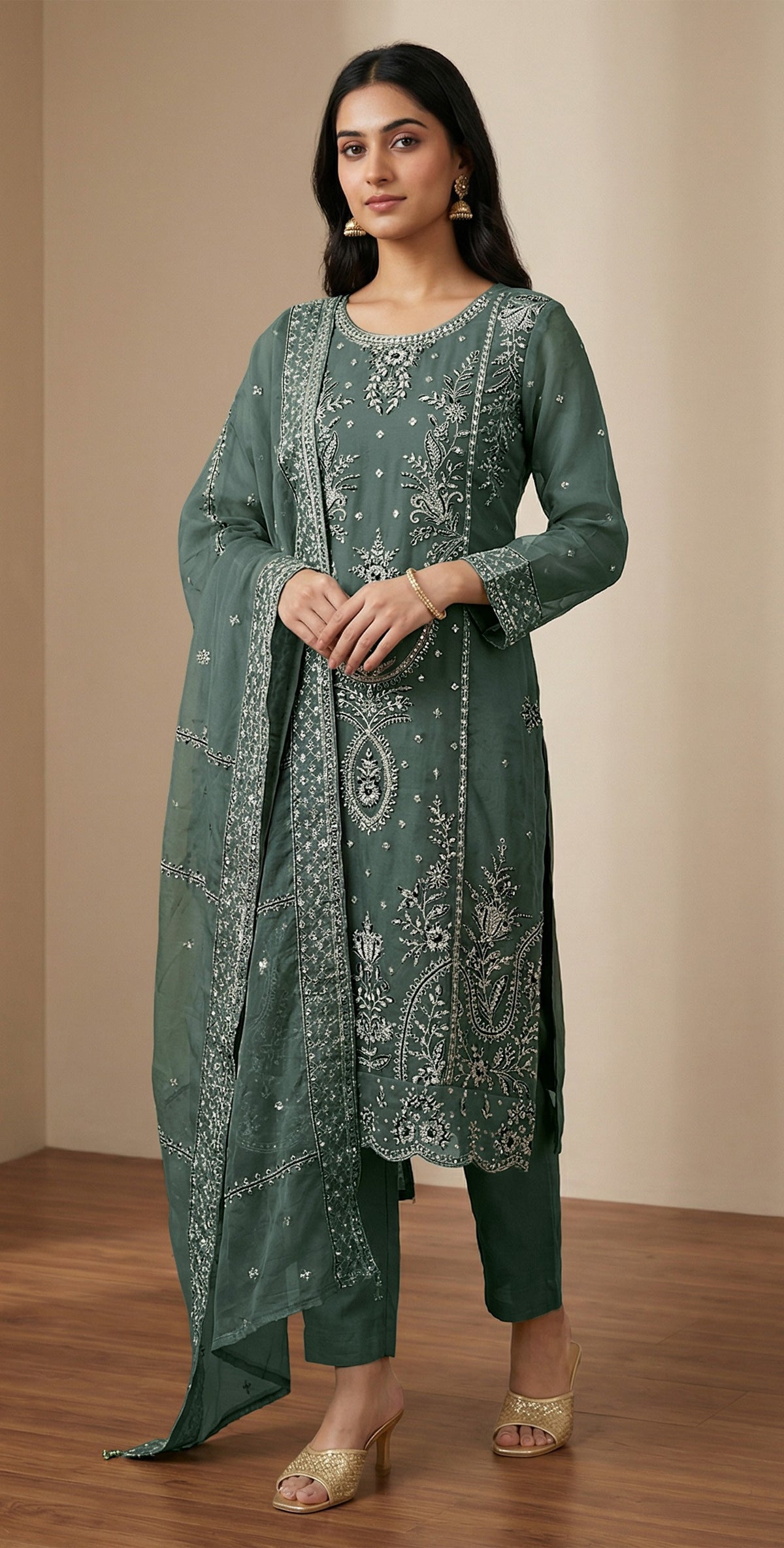 Anaita D Green Organza Semi Stitched Suit with Thread Embroidery & Sequence Work - Dista