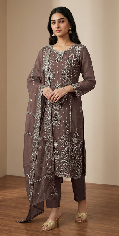 Anaita Coffee Organza Semi Stitched Suit with Thread Embroidery & Sequence Work - Dista