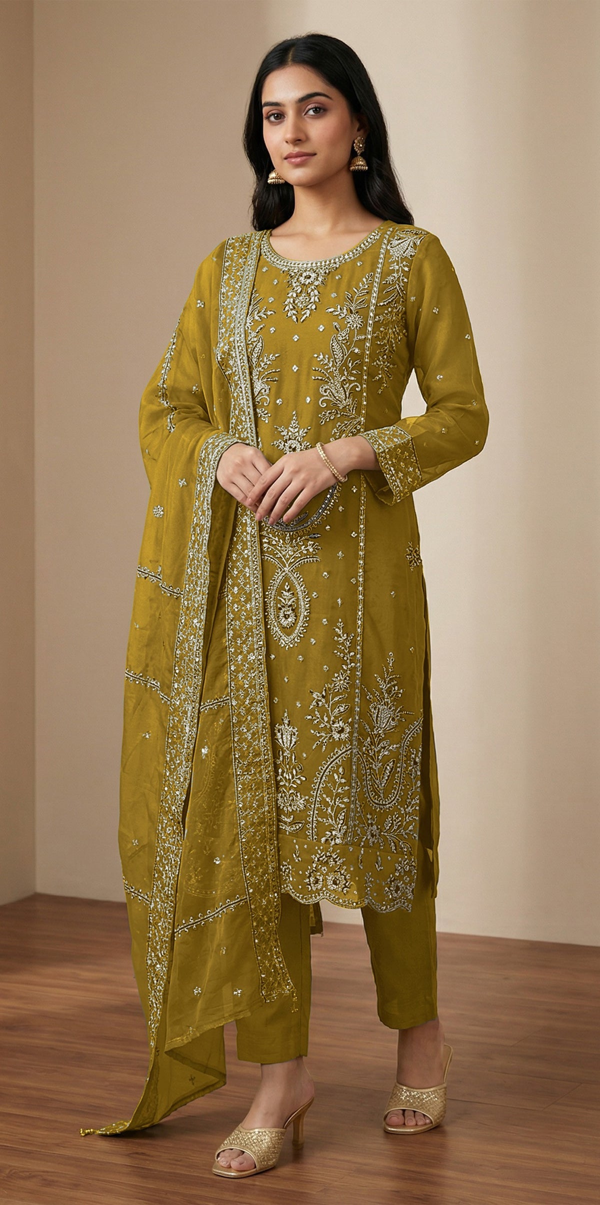 Anaita Mustard Organza Semi Stitched Suit with Thread Embroidery & Sequence Work - Dista