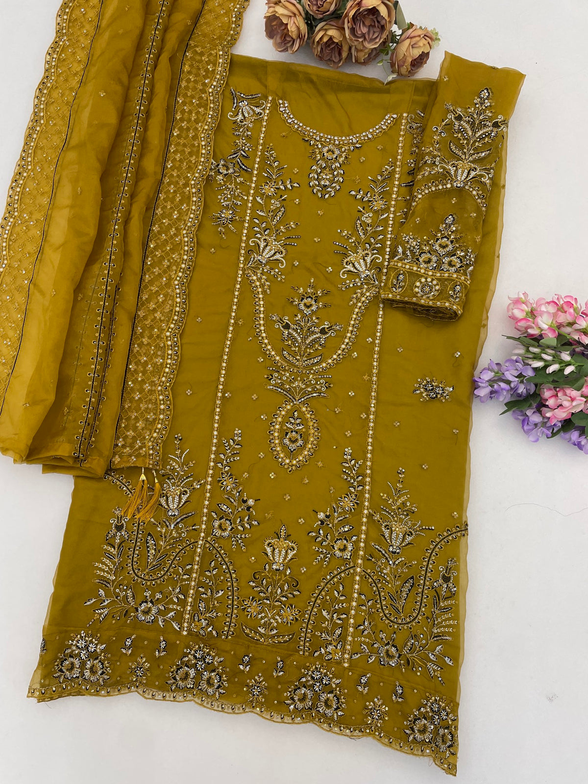 Anaita Mustard Organza Semi Stitched Suit with Thread Embroidery & Sequence Work - Dista