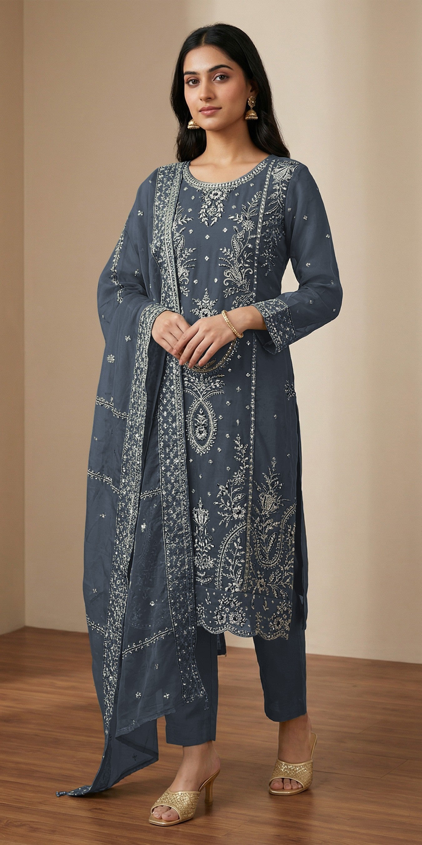 Anaita Grey Organza Semi Stitched Suit with Thread Embroidery & Sequence Work - Dista