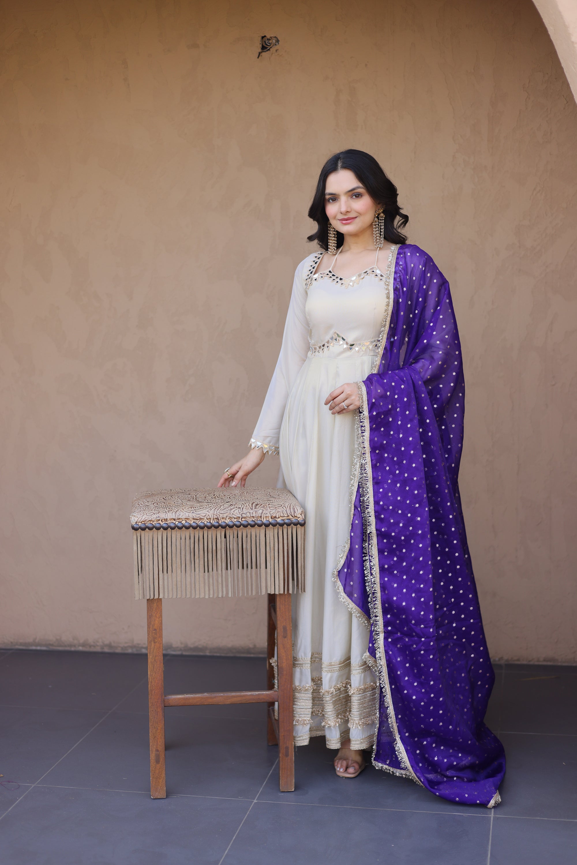 Lorenvalley Fashion Cream Cosmos with Real Mirror with Zari Embroidered lace work Gown with Dupatta - Dista
