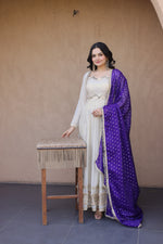 Thumbnail for Lorenvalley Fashion Cream Cosmos with Real Mirror with Zari Embroidered lace work Gown with Dupatta - Dista