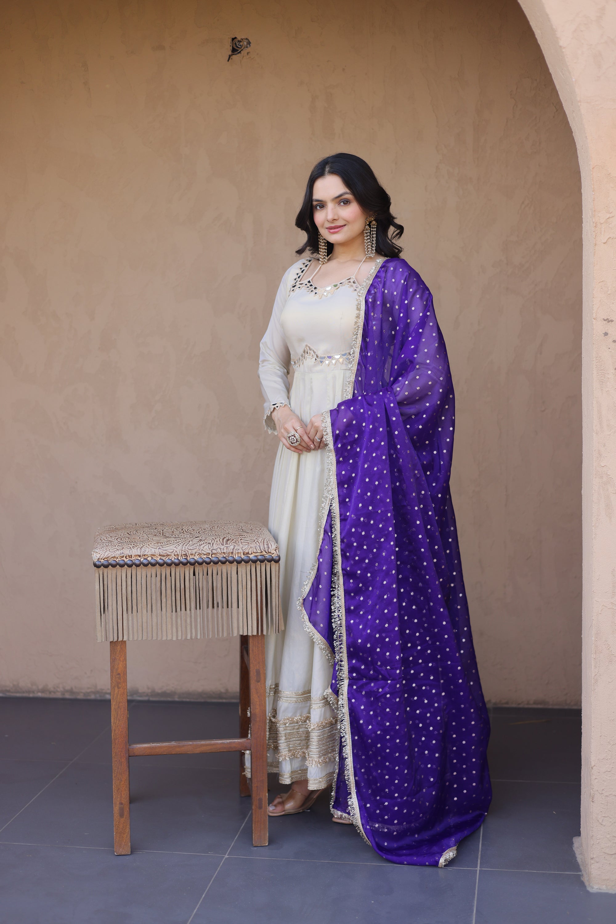 Lorenvalley Fashion Cream Cosmos with Real Mirror with Zari Embroidered lace work Gown with Dupatta - Dista
