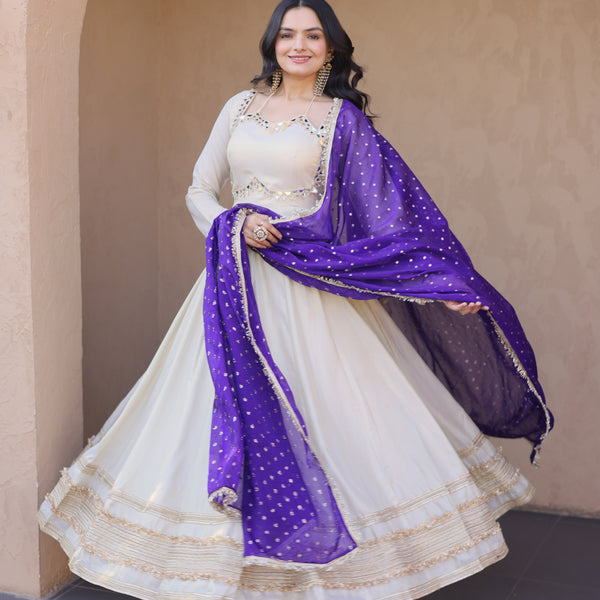 Lorenvalley Fashion Cream Cosmos with Real Mirror with Zari Embroidered lace work Gown with Dupatta - Dista