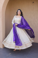 Thumbnail for Lorenvalley Fashion Cream Cosmos with Real Mirror with Zari Embroidered lace work Gown with Dupatta - Dista