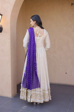 Thumbnail for Lorenvalley Fashion Cream Cosmos with Real Mirror with Zari Embroidered lace work Gown with Dupatta - Dista