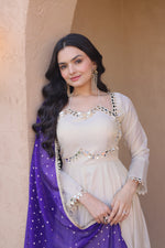 Thumbnail for Lorenvalley Fashion Cream Cosmos with Real Mirror with Zari Embroidered lace work Gown with Dupatta - Dista