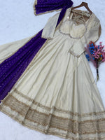 Thumbnail for Lorenvalley Fashion Cream Cosmos with Real Mirror with Zari Embroidered lace work Gown with Dupatta - Dista