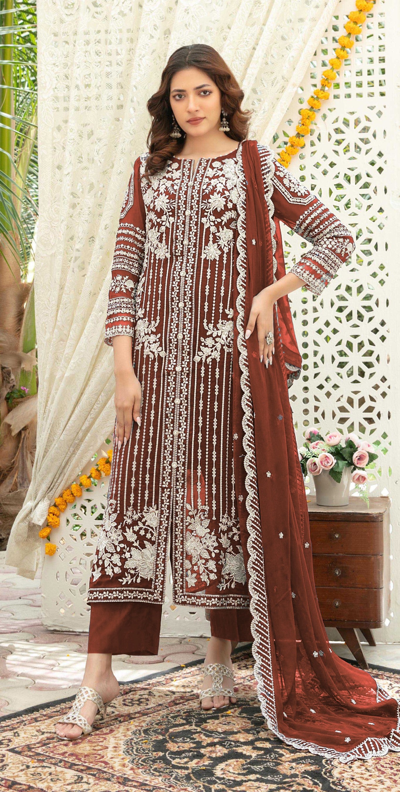 Anaita Brown Chiffon Semi Stitched Suit with Thread Embroidery & Sequence Work - Dista