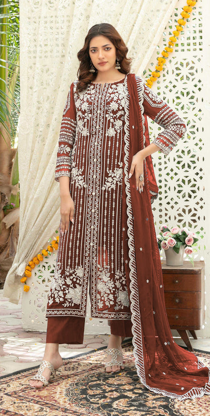 Anaita Brown Chiffon Semi Stitched Suit with Thread Embroidery & Sequence Work - Dista