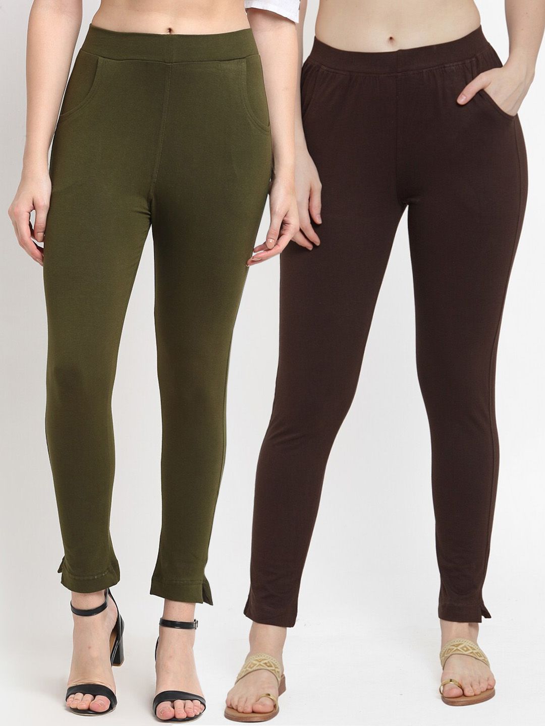 TAG 7 Women Olive Green & Brown Pack of 2 Leggings - Distacart