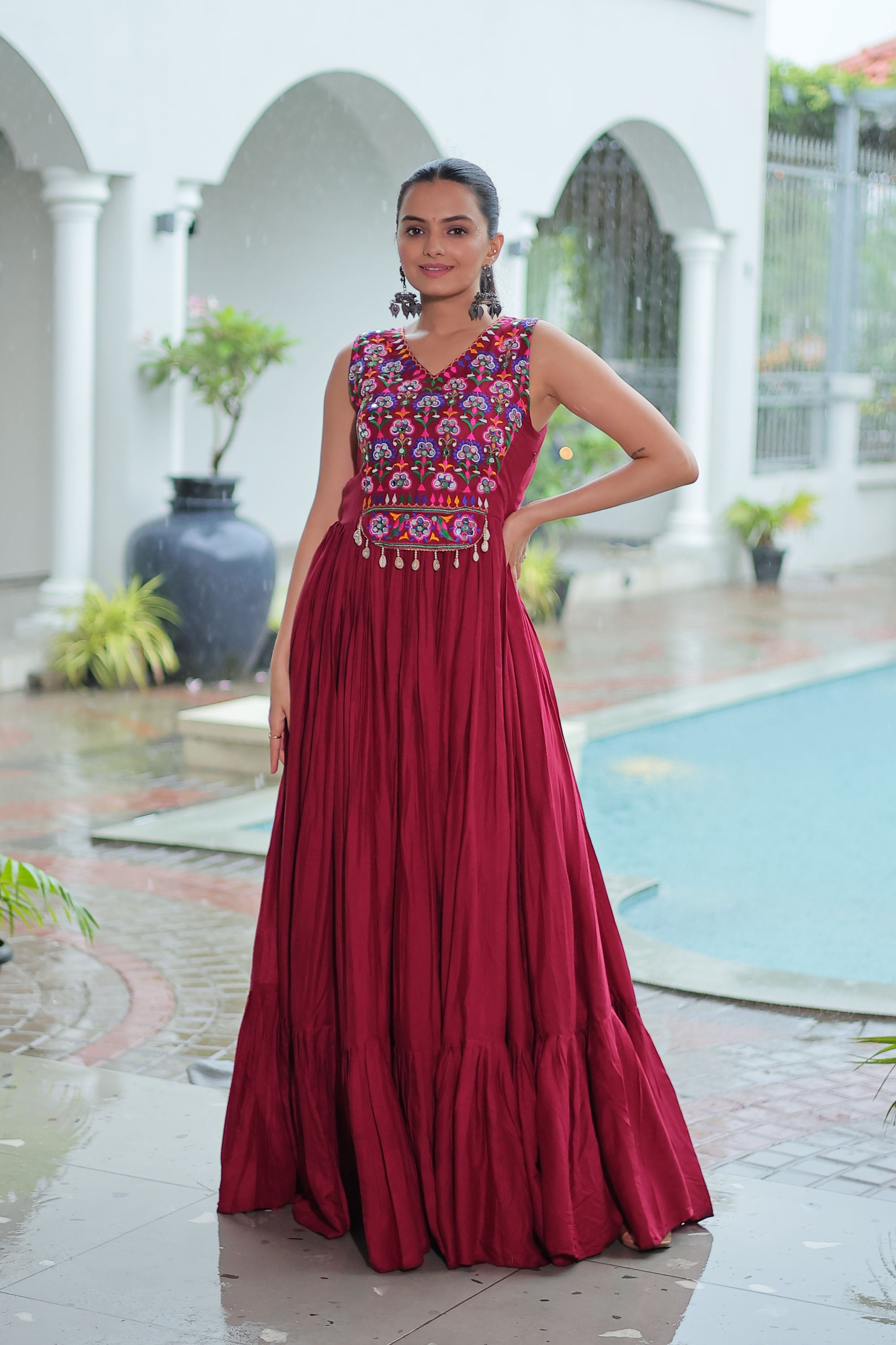 Lorenvalley Fashion Maroon Rayon Kutchi Gamthi Thread Embroidered & mirror Work Gown - Distacart